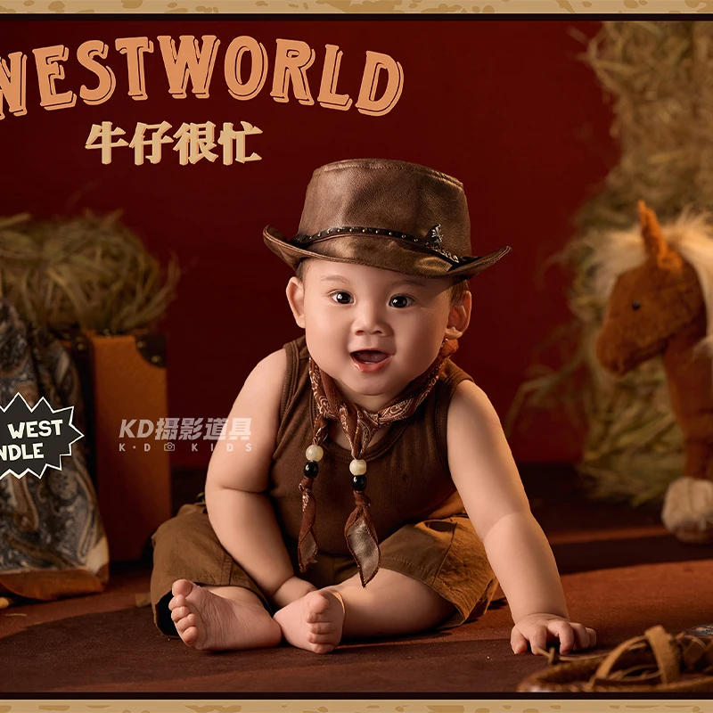 Newborn Photography Props Retro Cowboy Baby Costumes with Hat, Horse Plush and Horse Whip Accessory, 3-4M Baby Photoshoot Outfit