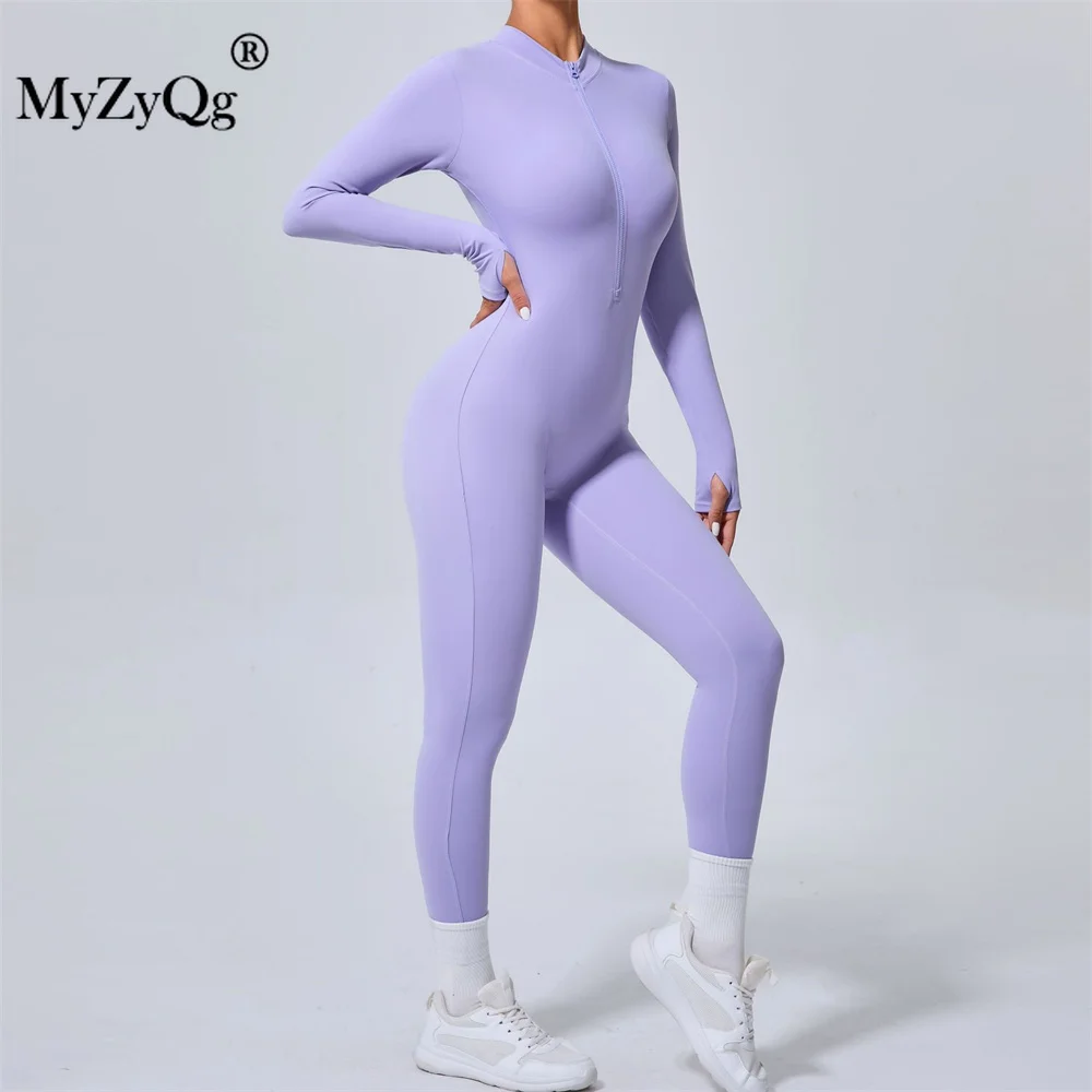 MyZyQg ผู้หญิงแขนยาวออกกําลังกาย Jumpsuit แน่น Breathable Zipper ชุดกีฬา Buttock Lifting Quick แห้งโยคะ Bodycon