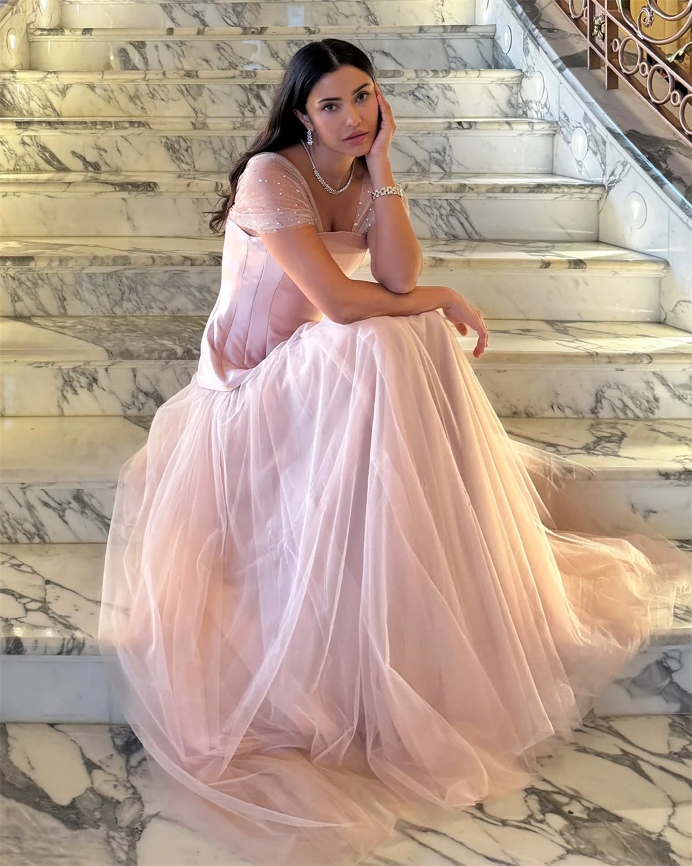 

Customized Pastrol Exquisite Pleat Beading Sequined A-line Off-the-shoulder Floor-Length Evening Dresses For Birthday Party