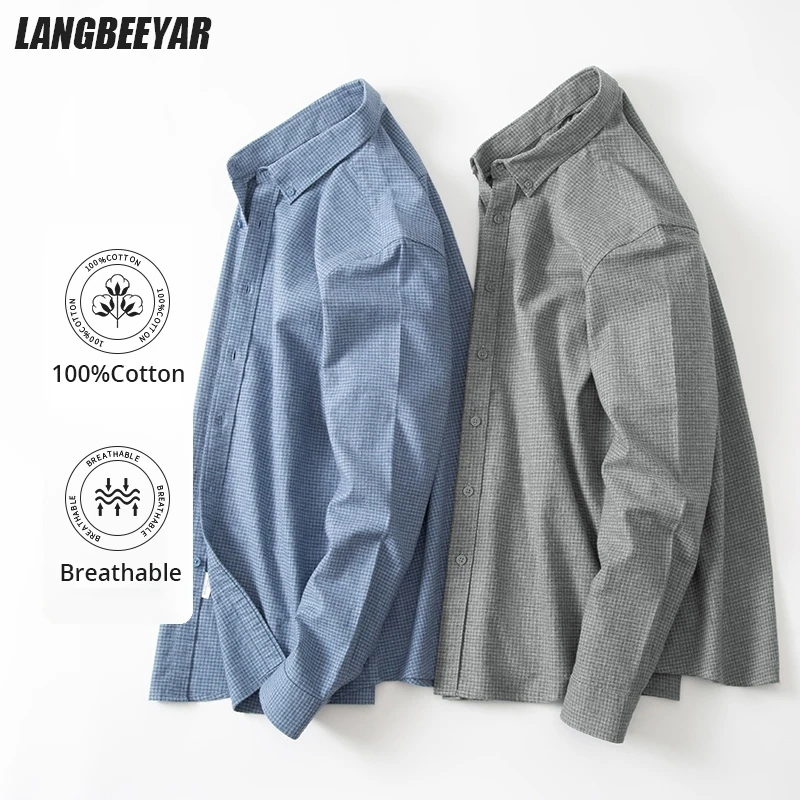 

Top Grade 100% Cotton Wrinkle-free Easy-care Checkered Men Shirt Long Sleeve Breathable Button Down Slim Business Casual Tops