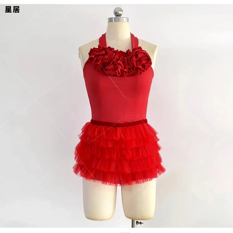 Kpop Korean Women Group Y2k Jazz Dance Costume Red Flower Halter Vest Crop Top Lace-Up Puffy Skirt Club Stage Performance Outfit