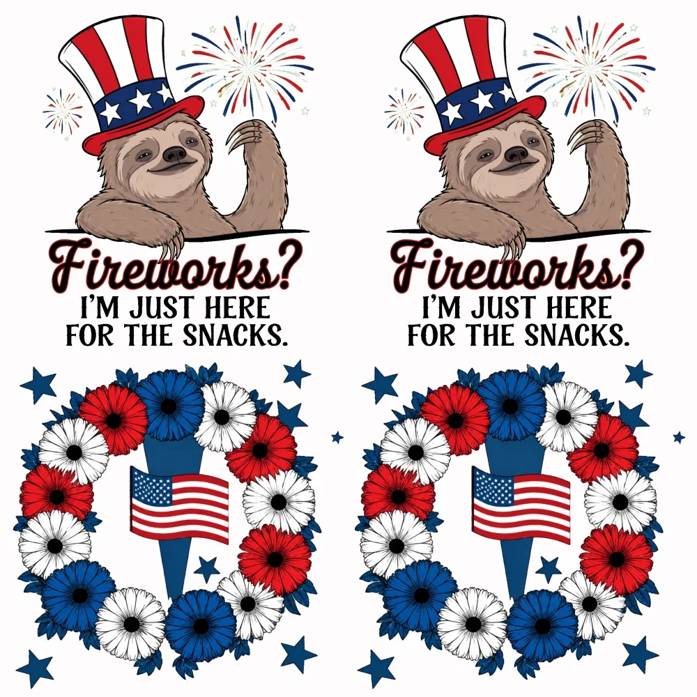 4PCS 9.84in DIY iron on transfers,  Patriotic Sloth Fireworks Easy to transfer heat, suitable for T-shirts,  washable stickers