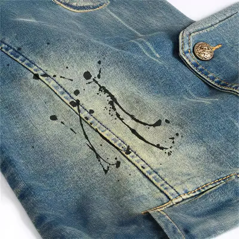 ربيع الخريف جديد أزياء الرجال الخامس الرقبة رش الحبر خمر الأزرق أكمام جان سترة عارضة العصرية سترة جينز معطف الشارع الشهير #4