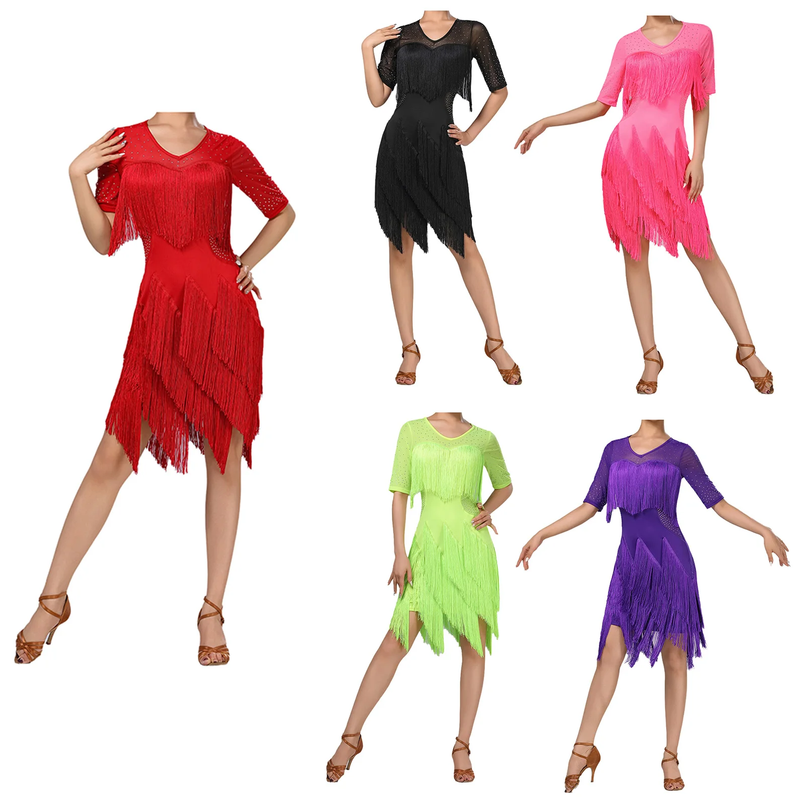 Vestido latino con borlas para baile de Tango y Rumba para mujer, vestido con flecos de malla con diamantes de imitación brillantes para Chacha Rumba Samba, Ropa de baile para actuación