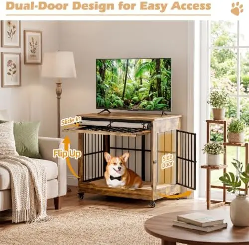 Wooden Dog Crate Furniture, Indoor Dog Kennel Rustic Brown M | Lift-Up Front Door & Side Hinged Door, Space-Saving