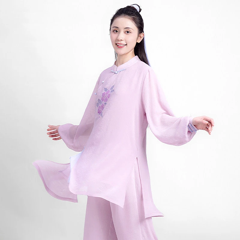 Women's Premium Summer Tai Chi Uniform - Hand-Painted Ramie Gauze, Flowy Long Martial Arts Outfit for Baduanjin (Unisex)