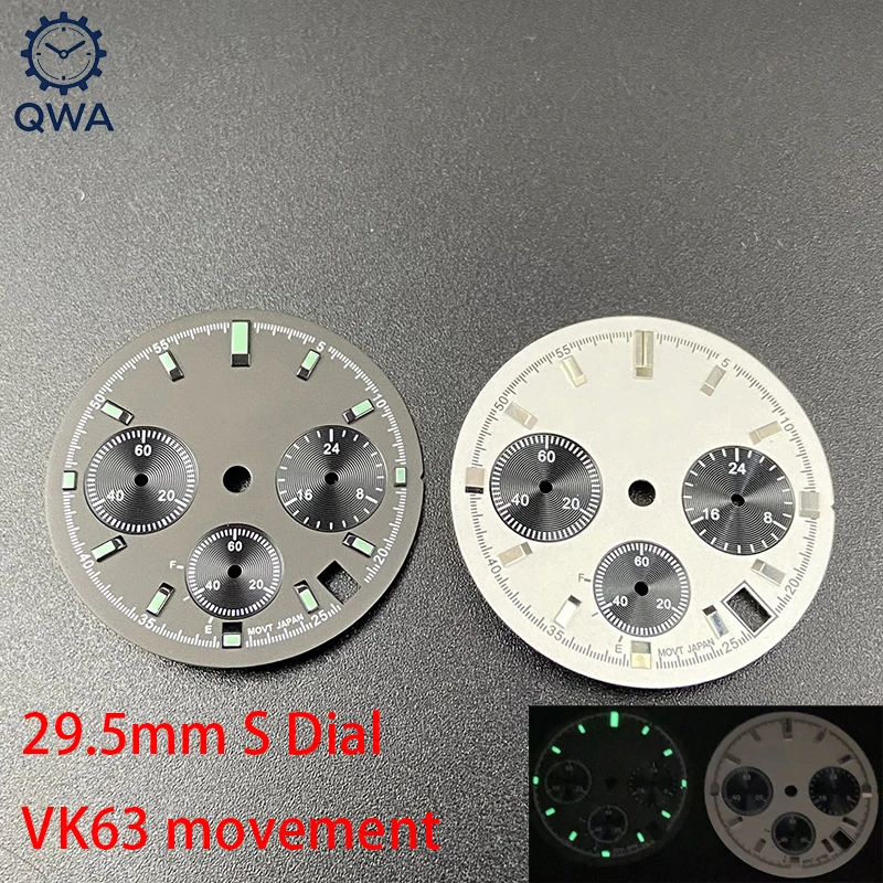 

Циферблат QWA 29.5мм VK63 для часов, дизайн «Панда», три секундомера, зеленое люминесцентное покрытие, без стрелок, подходит для модификации автоматических часов VK63, аксессуары
