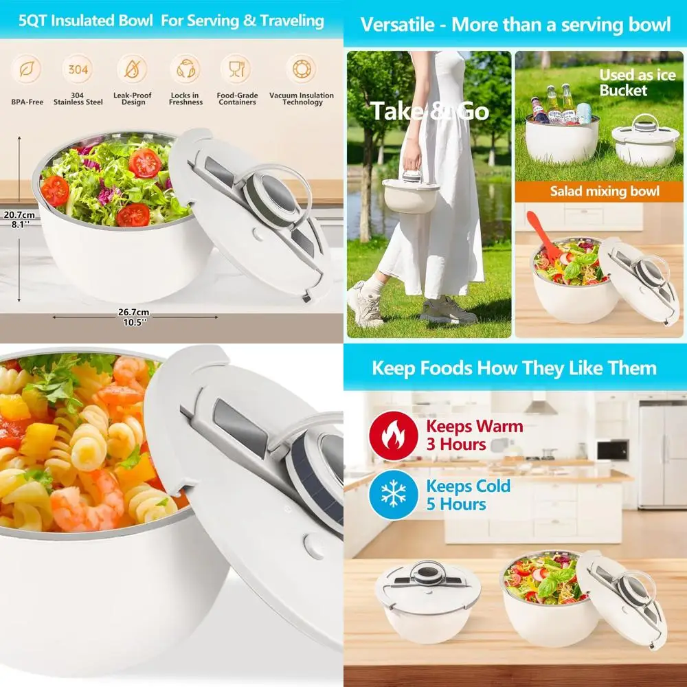 

Stainless Steel Double-Walled Insulated Serving Bowl with Leak-Proof Lid - 5QT, White - Ideal for Keeping Food Warm/Cold at Part