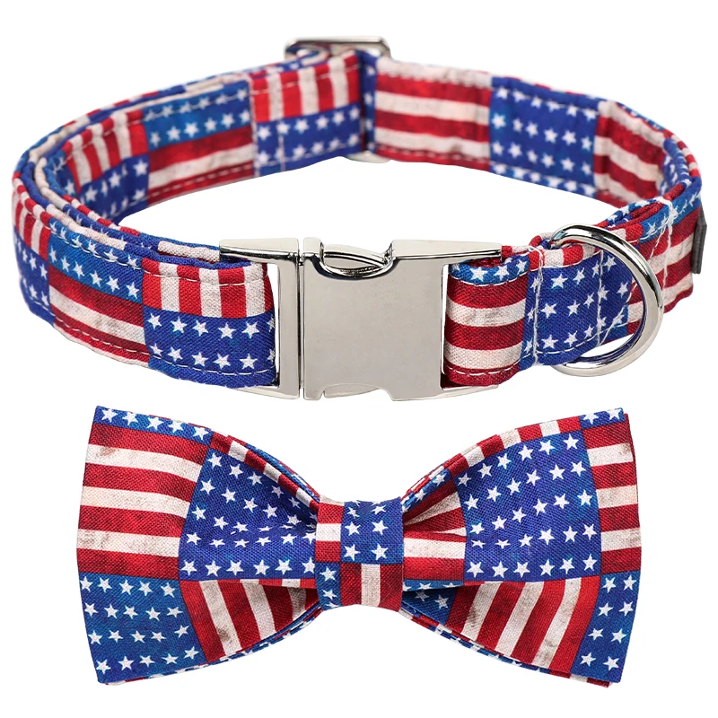 Unique Style Paws American Flag Dog Collar with Bowtie, 4th of July Dog Bowtie Collar with Metal Buckle for Dogs and Cats