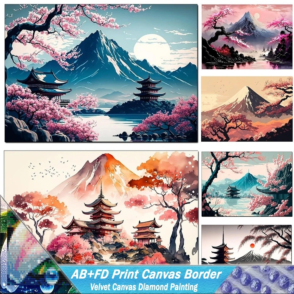 AB+FD Print Canvas Border Diamond Painting Japanese Landscape Poster Mosaic  Cross Stitch Embroidery Sakura New  Home Decor