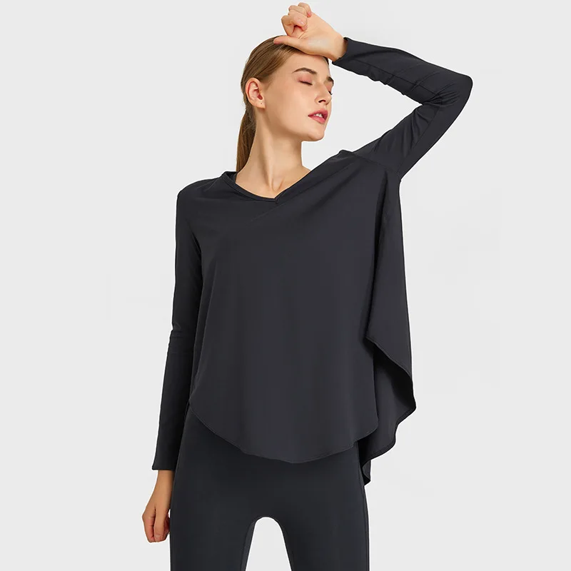 Solid Color Loose V-neck Women Long Sleeve Yoga Shirt Fitness Clothe Female Top Length Sleeve T-shirt Soft Fitness long sleeves