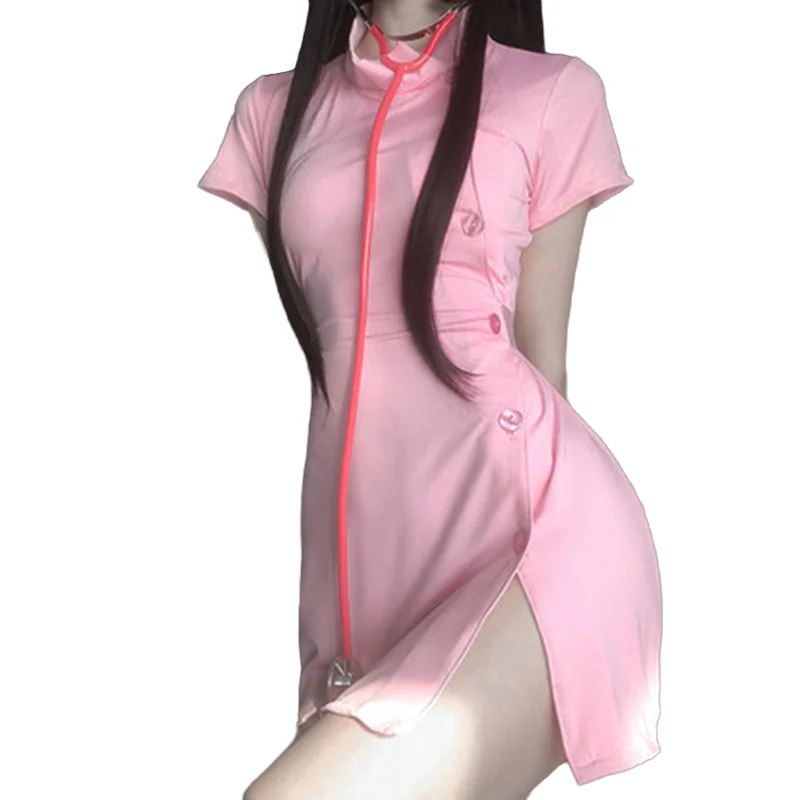 Japapese Anime Sexy Nurse Cosplay Uniform Family Doctor Roleplay Button Coat Nurse Fancy Short Dress With Hat Erotic Costume