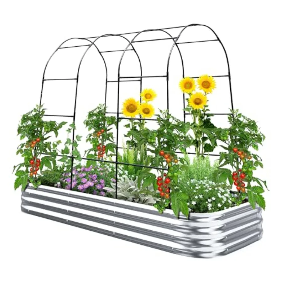 

Оцинкованная приподнятая грядка-клумба с арочным каркасом для садоводства, выращивания вьющихся овощей и цветов, 7.87x3.94