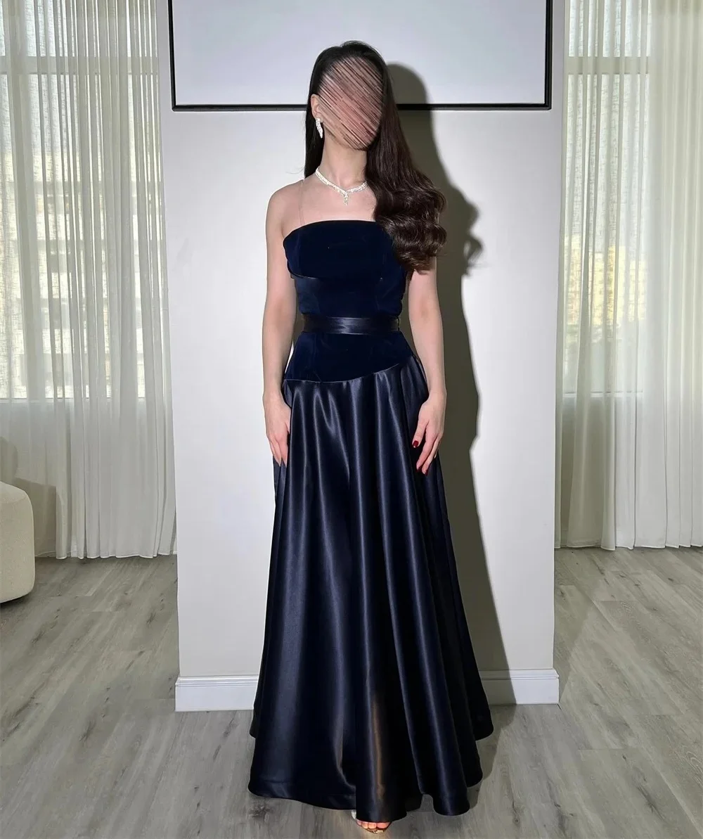 

Navy Blue Strapless Long Bespoke Occasion Gown Evening Dresses Prom Pastrol Unisex Jersey Retro Dubai Saudi Arabic Customized