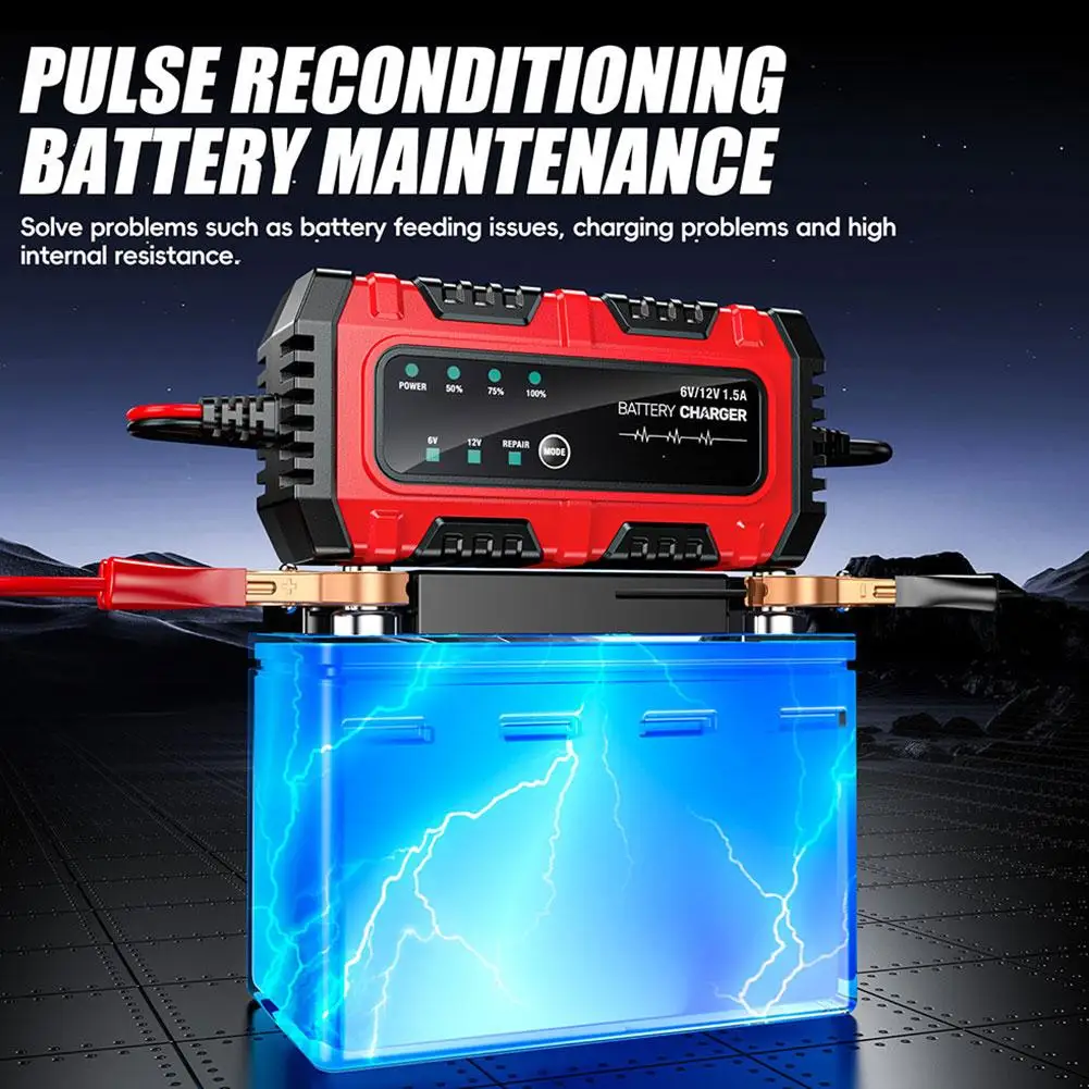 

Умное зарядное устройство 6В/12В с автоматическим определением напряжения и функцией автоотключения при полной зарядке для автомобильных и мотоциклетных свинцово-кислотных аккумуляторов