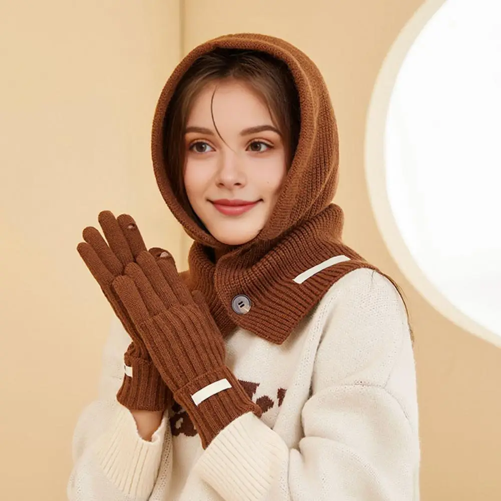 Touch Screen Gloves Women's Winter Hat Gloves Set with Integrated Scarf Balaclava Knitted Solid Color Button Closure for Cycling