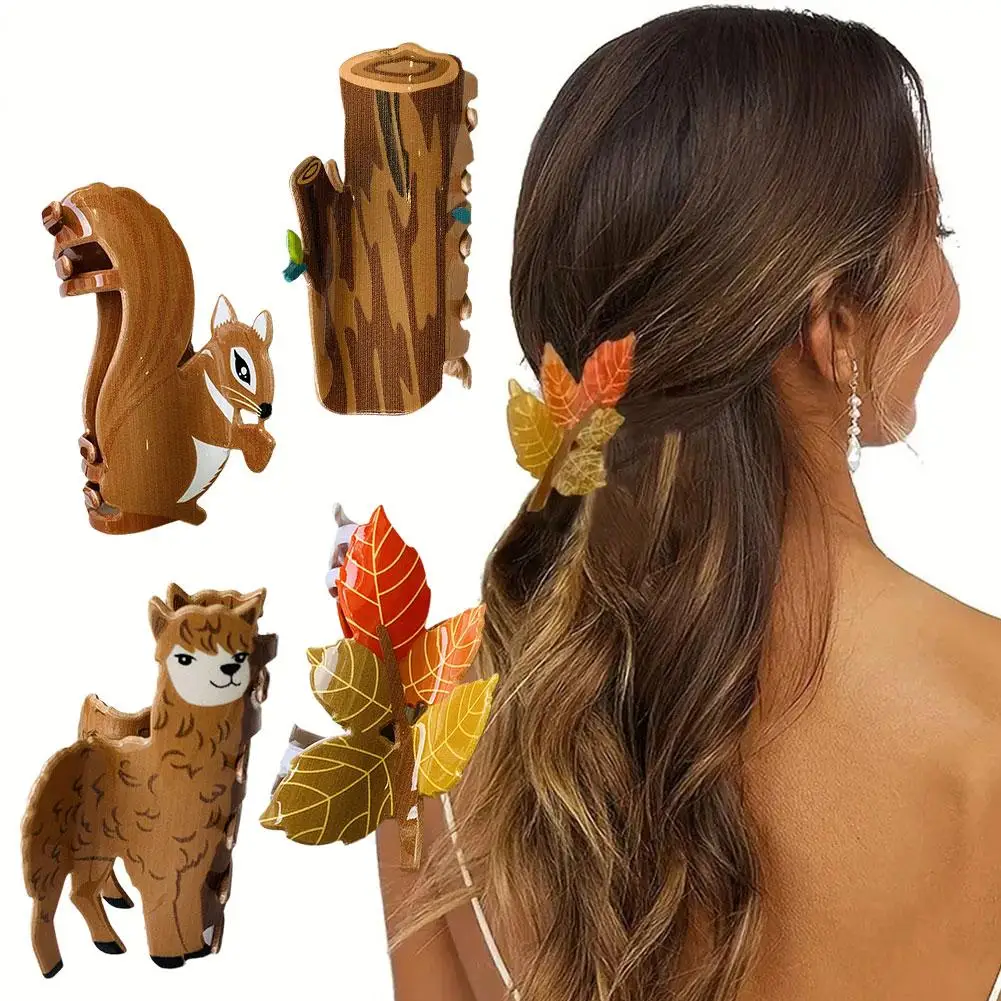 Autumn Leaf Shape Hair Claw Cartoon Forest Animal Squirrel Jaw Clips Clip Strong Hold Hair Hair Hair Nonslip Accessory Claw N1I2