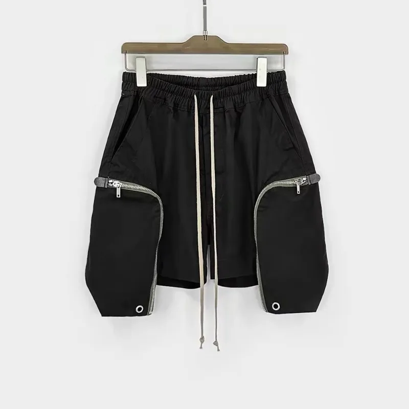 Mens Techwear Cotton Cargo Shorts Multi Zipper Pocket Elastic Waist Drawstring Loose Fit Streetwear Casual Summer Outdoor Shorts
