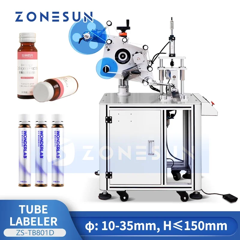 ZONESUN Tube Labeler Lip Balm Labeling Machine Sprayer Mist Wrap Around Label Applicator Sticker Applying Equipment ZS-TB801D