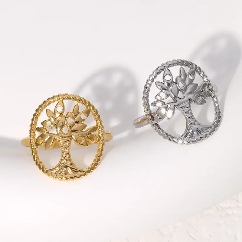 New Exquisite Trendy Gold Color Stainless Steel World Tree Lucky Rings for Women Men Charm Finger Jewelry Colorfast Friend Gift