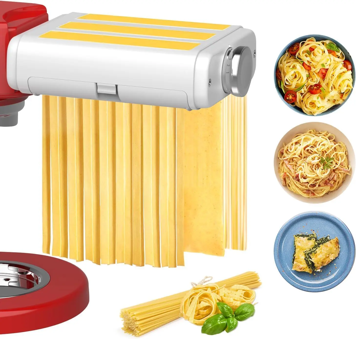 

3-in-1 Pasta Maker Attachment for Mixers, Roller Fettuccine Spaghetti Cutter with Cleaning Brush, White
