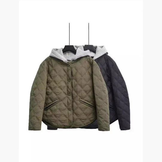 

European And American Women's Fashion Hooded Quilted Diamond Pattern Cotton Jacket Outerwear Trendy And Popular