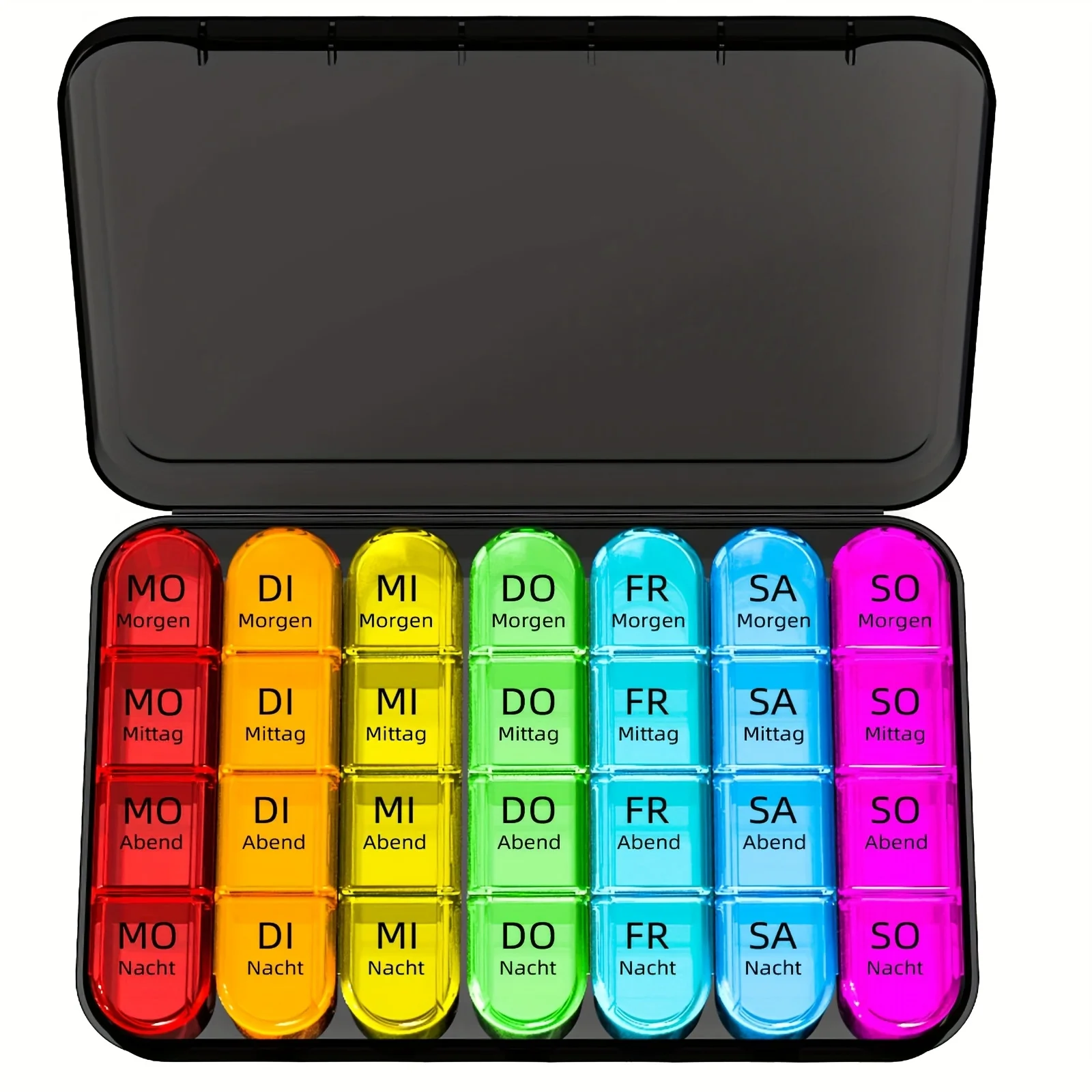(German printing)Weekly Pill Organizer 4 Times a Day, Daily Pill Box 7 Day, Large Travel Pill Case with 28 Compartment