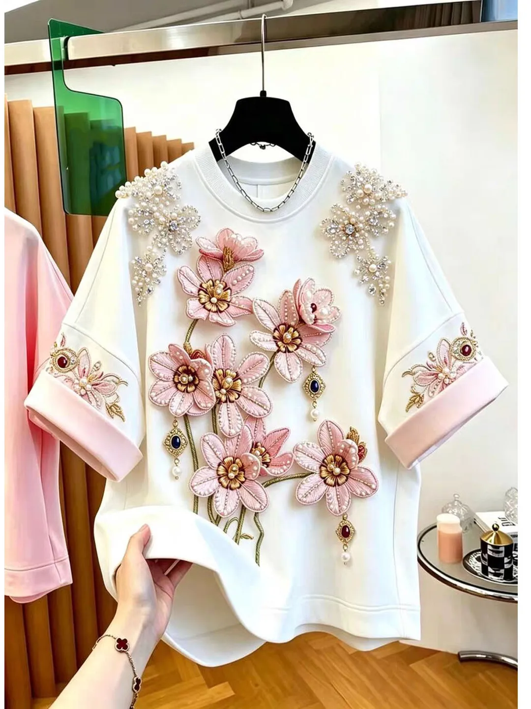 Elegant Summer 2026 Women's T-shirt Korean Style Loose Fit Short Sleeve Beaded Floral Print Casual Comfortable Anti-Stain