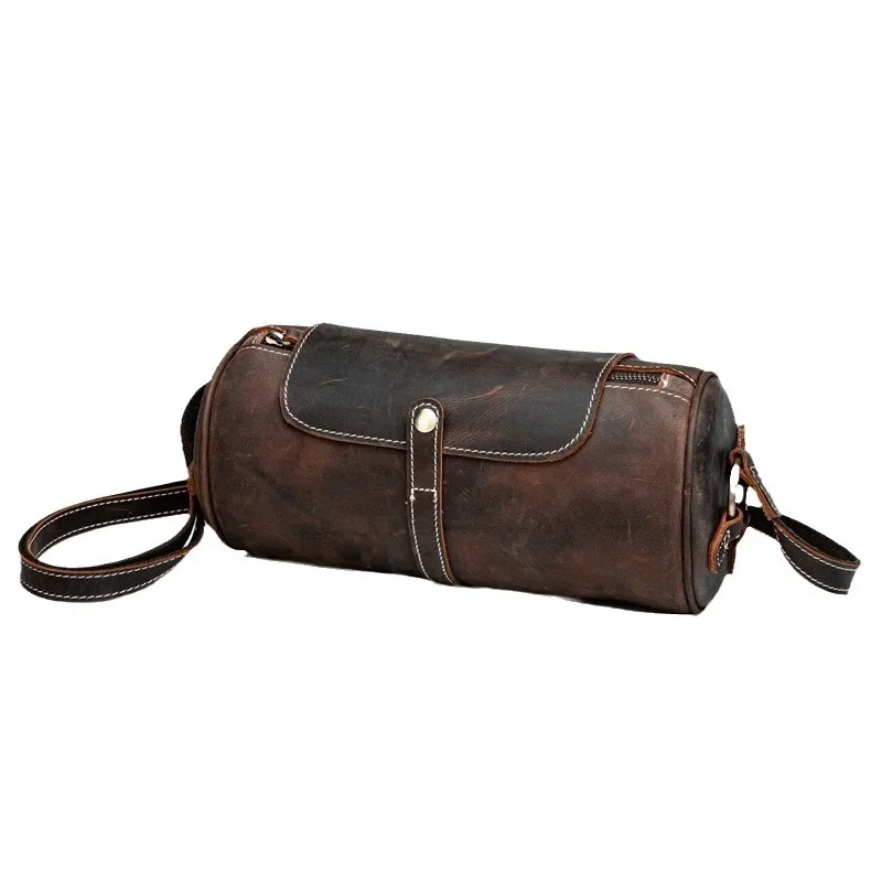 Saco de balde de couro maluco vintage, bolsa de ombro de couro, bolsa tiracolo masculina, moda feminina, pequena