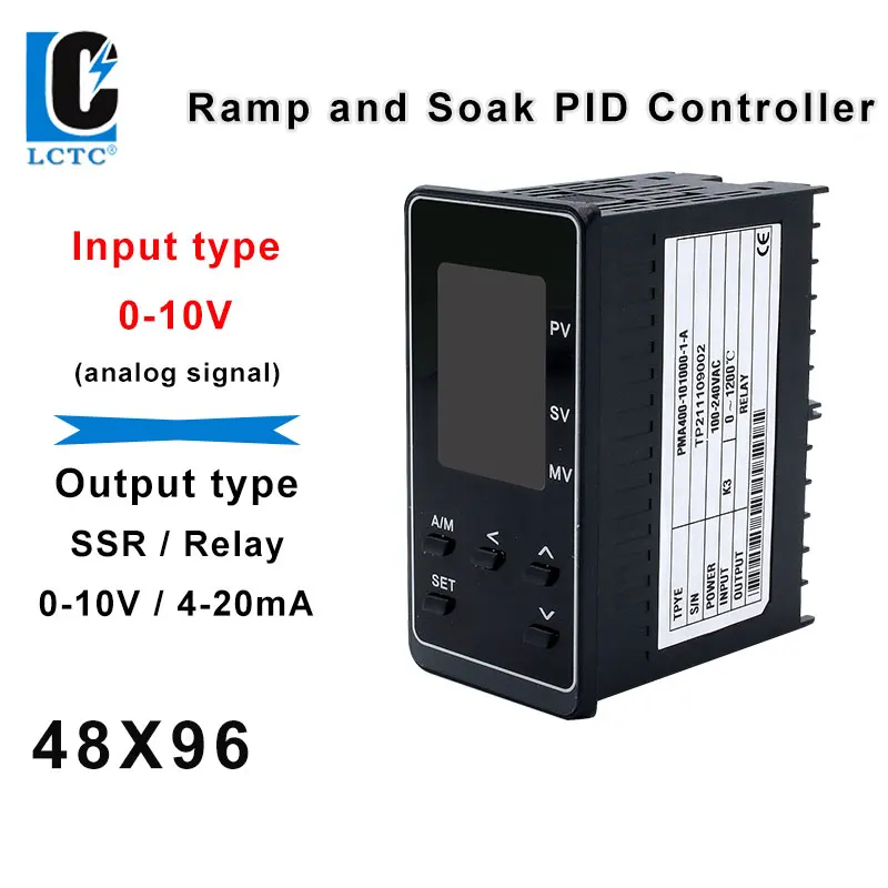 

LCTC PID Ramp Soak Temperature Controller SSR Relay 4-20mA 0-10V Output 0-10V Input PID Regulator 50 Segments 48x96mm PMA400