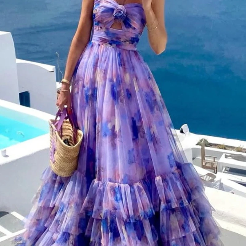 2025 New Summer Strapless Hanging Neck Thin Strap Waist Cinching Floral Cake Skirt Long Skirt for Women