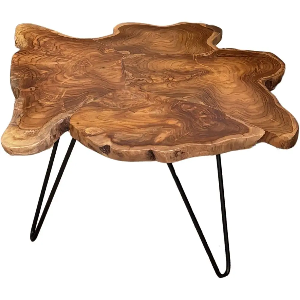 

Handcrafted Teak Live Edge Coffee Table with Puzzle Joints, Natural Finish for Rustic Modern Decor