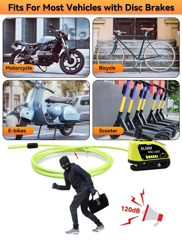 1.2 متر الأصفر القرص قفل تذكير كابل قفل مكافحة سرقة حبل إنذار القرص قفل الربيع كابل الأمن تذكير للدراجات النارية