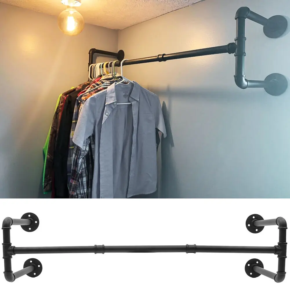 

Industrial Pipe Clothing Rack Wall-Mounted Clothes Garment Organizer Rod Hanger!