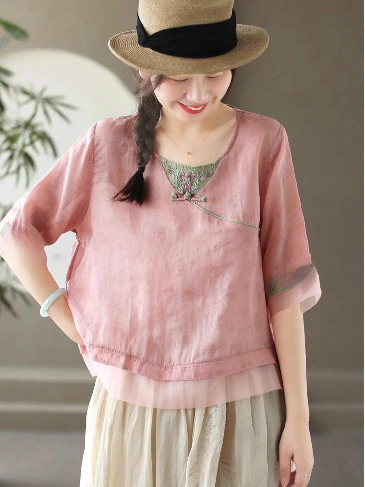 

Легкая хлопково-льняная блузка Ele с вышивкой, круглым вырезом, свободного кроя, летний топ для женщин, дышащий, из комфортного материала