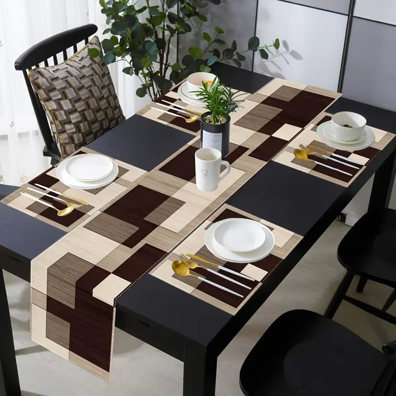 VIKAMA Maillard Geometric Style Table Runner Placemats Set Waterproof Anti Slip Kitchen Dining Table Mat