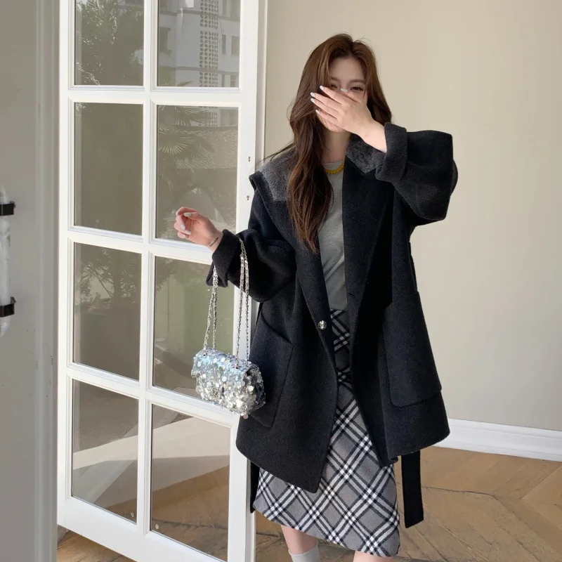 New Korean version simple double-sided wool coat for autumn and winter, niche design for women's clothing, waist cinching and sl
