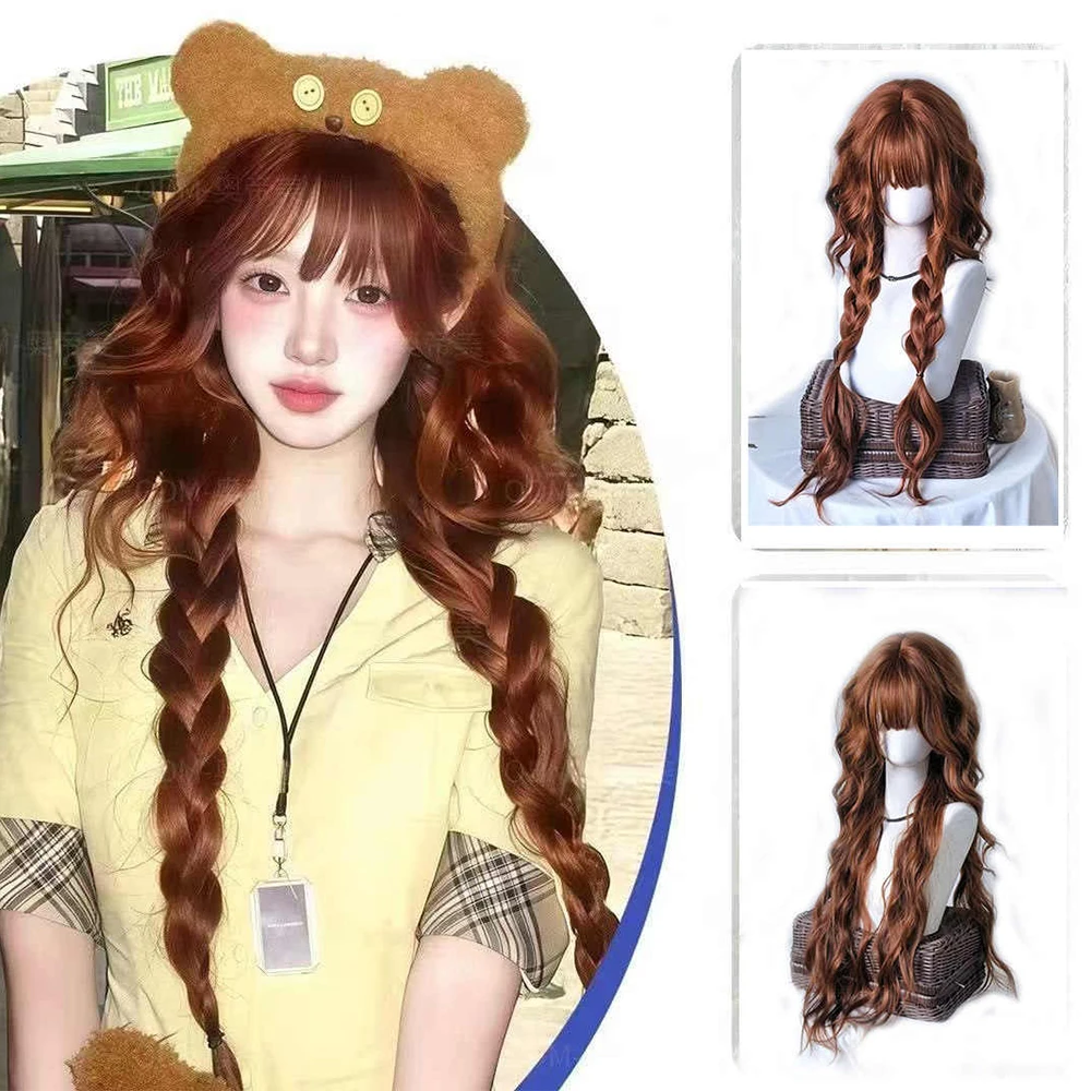 OLACARE Synthetic Long Ginger Orange Brown Wavy Wigs with Bangs Lolita Cosplay Halloween Hair Wigs for Women Heat Resistan