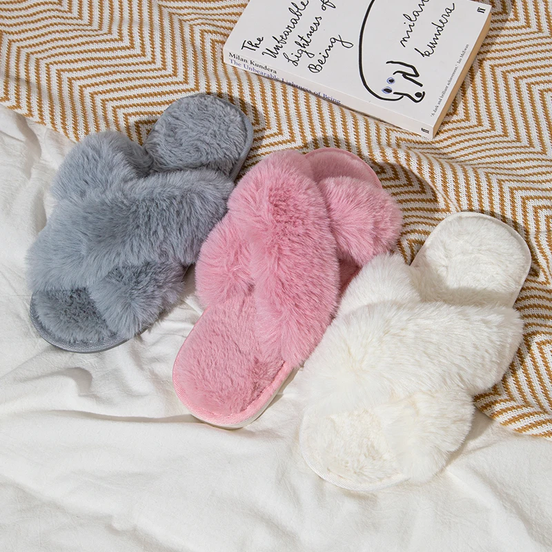 

Women Fuzzy Slippers Cross Band Soft Plush Cozy House Shoes Furry Open Toe Indoor Outdoor Warm Anti Slip Sole