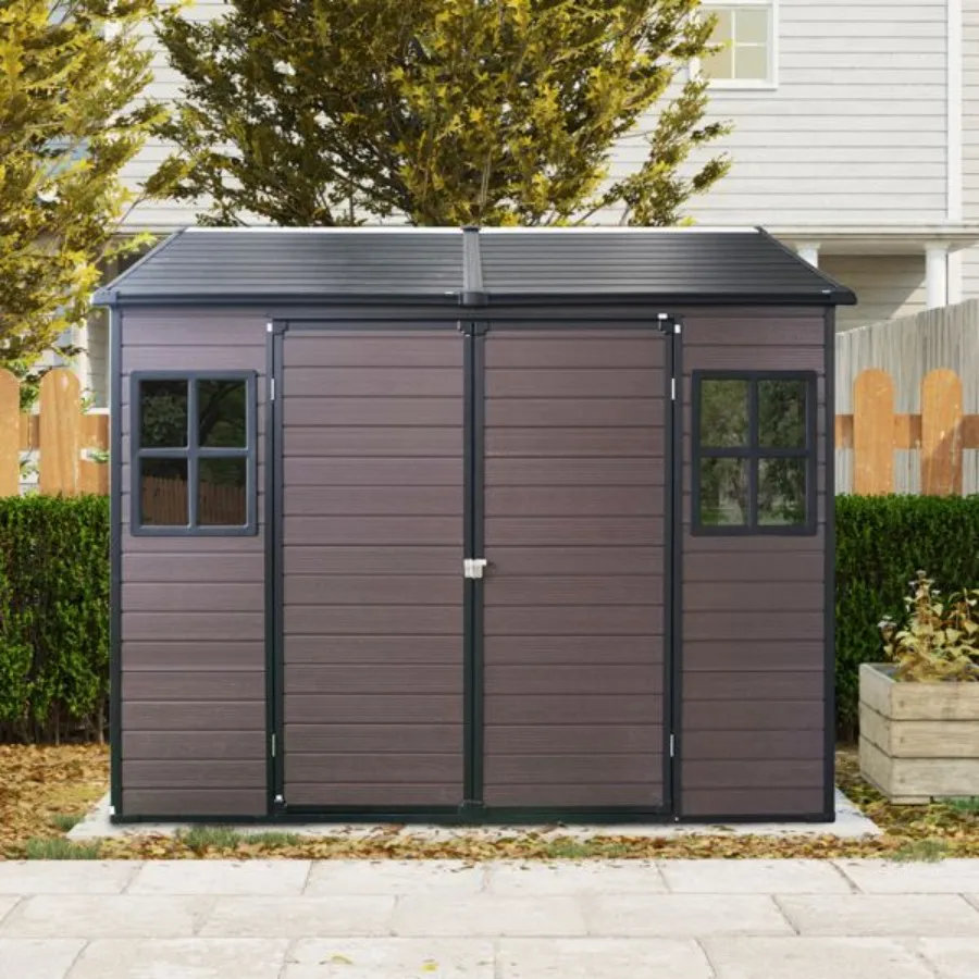 

8 x 6 ft Resin Outdoor Storage Shed Waterproof Shed with Floor Two Windows Lockable Door Tool Shed for Garden Patio Backyard Br