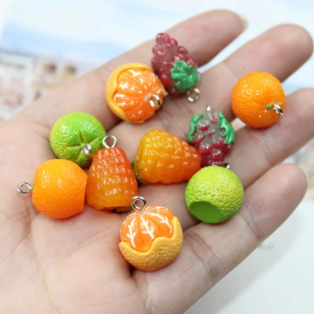 10Pcs/Lot Fruit Charm Resin Simulation 3D Orange Grapes Raspberry Pendant For Earring KeyChain Diy Craft Jewelry Making Findding