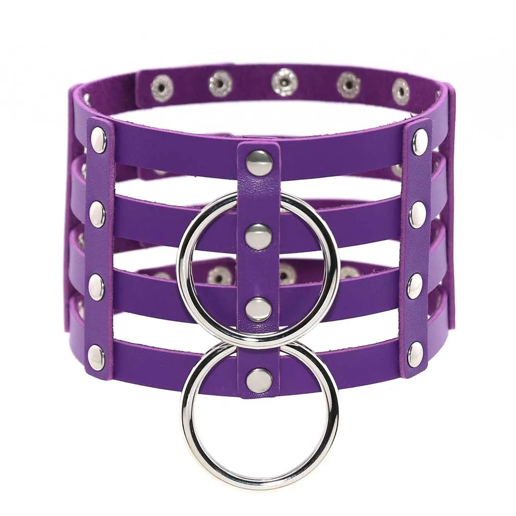 Punk Gothic Personality Rock and roll 4 rows of leather Two metal rings Rivets Multicolored Necklace Clavicle chain Nightclub
