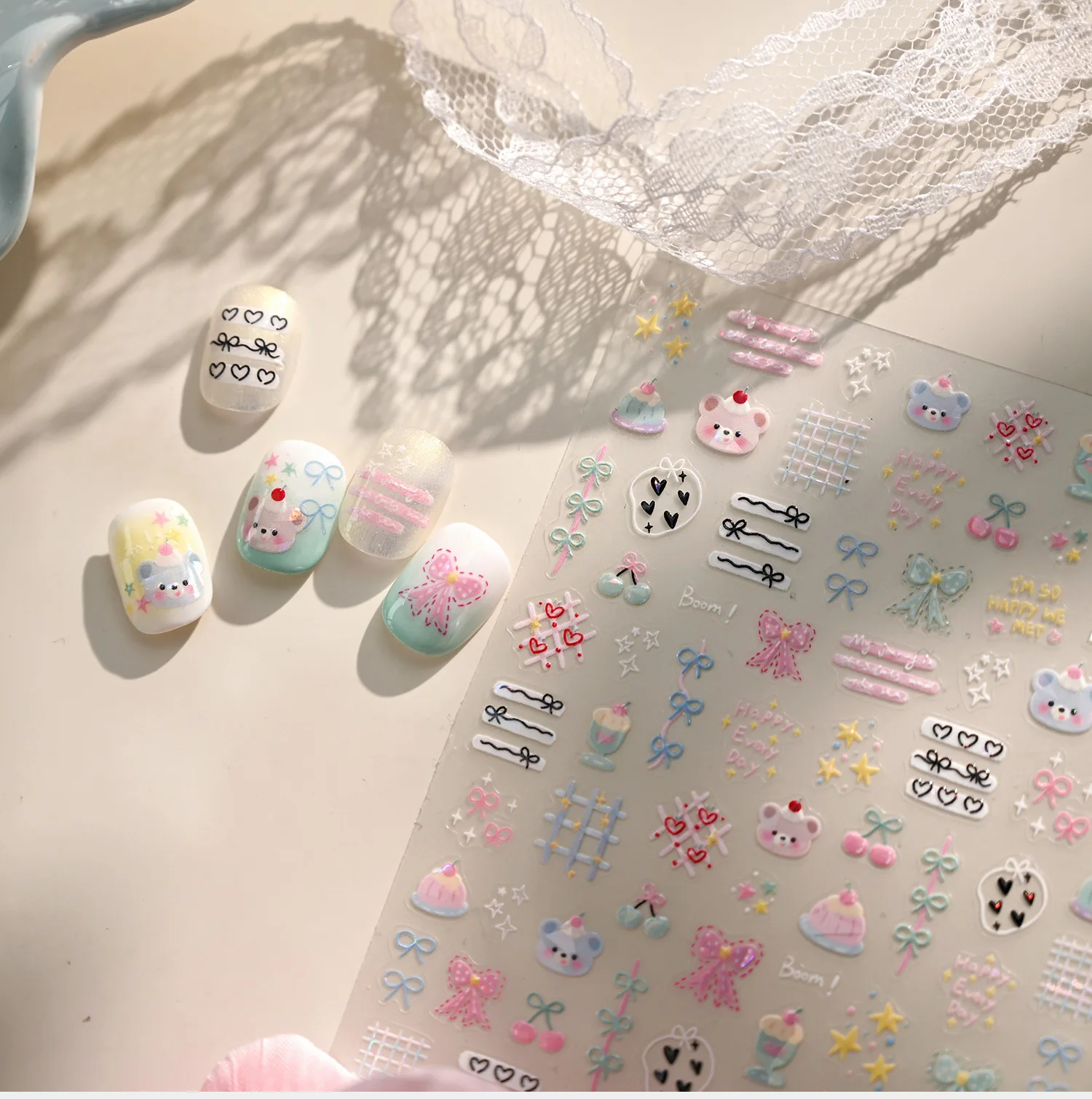 Spring Cartoon Pink Blue Bear Dessert Cake Pudding Candy English Slogan Pattern Nail Art Stickers Baby Bear Party Nail Stickers