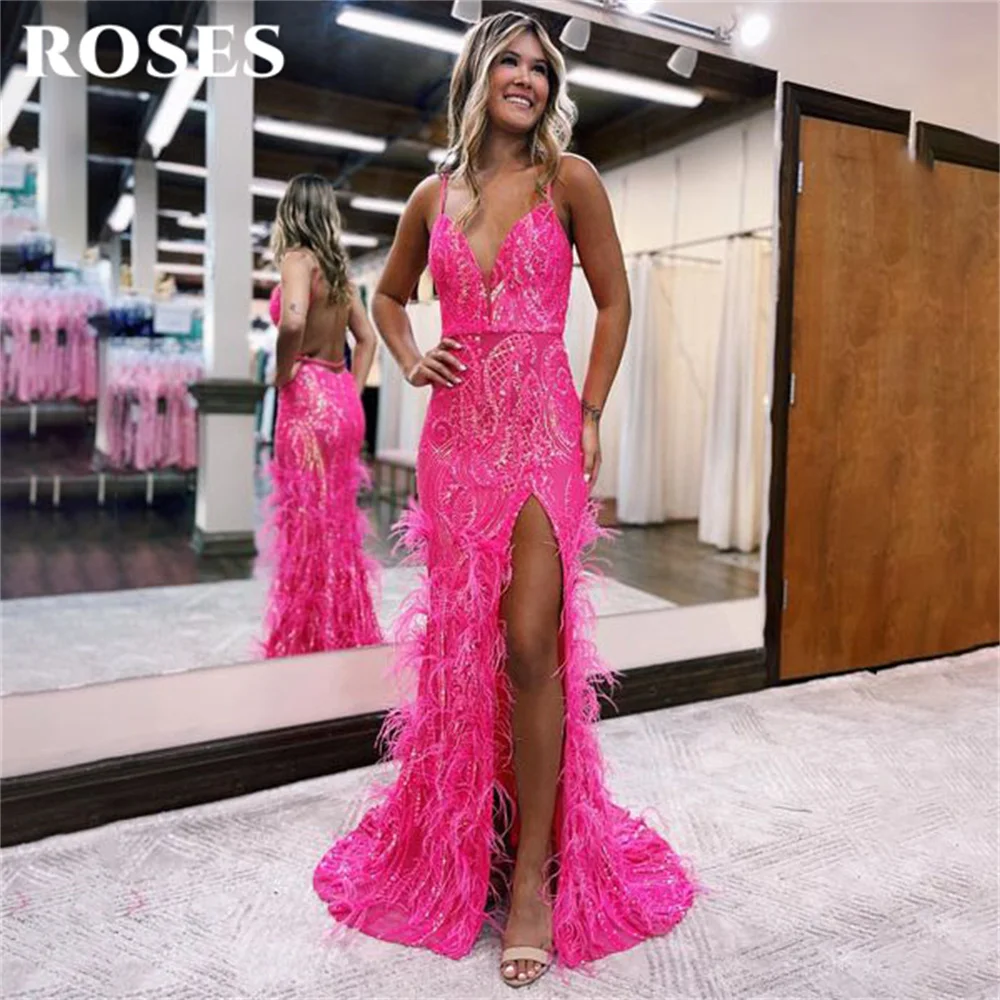 Vestido de noche largo con cuentas de plumas, vestido de fiesta con abertura lateral, rosas, sirena, rosa, encantador, ocasión especial