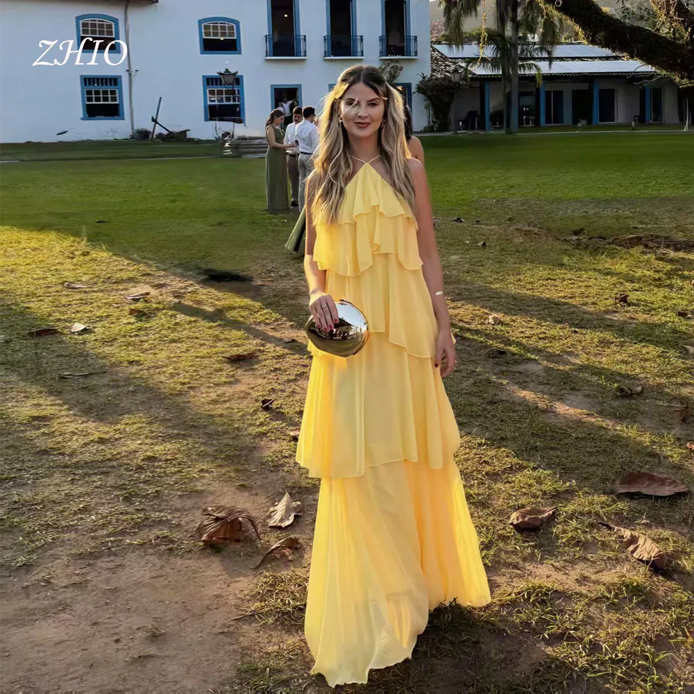 

ZHIO Elegnat Lemon Chiffon Wedding Party Dress Halter Tiered Open Back Speical Occasion Evening Dresses Customized for Woman2025