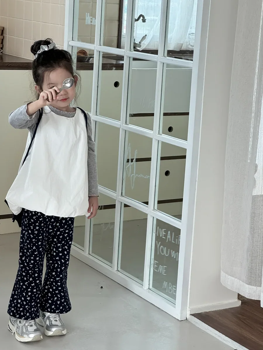 Girls Top 2024 Autumn New Childrens Wear Korean Style Baby Girl Fashion Design Flower Bud Lantern Sundress Casual Simple