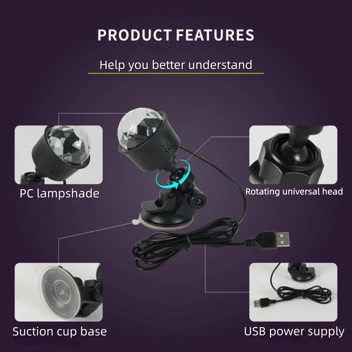 1pc Colorful Rotating Magic Ball Light, USB Powered, Dancing with Music Rhythm, Multi angle Adjustment, with Suction Cup