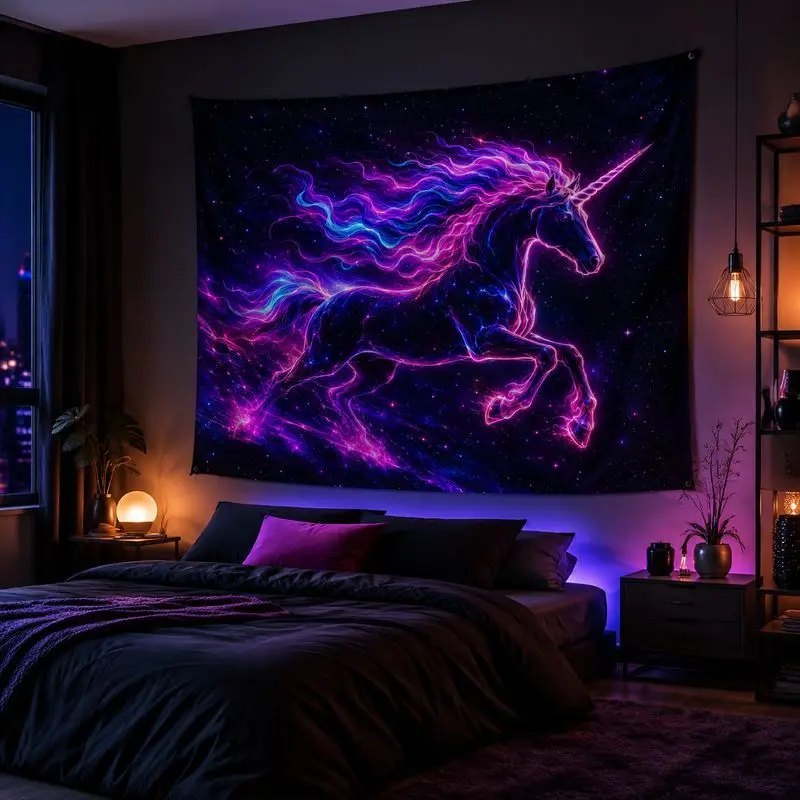 VIKAMA Dragon Unicorn Angel Blacklight Tapestry, Neon Bohemian Wall Hanging Decor for Bedroom Living Room, Galaxy Home Art