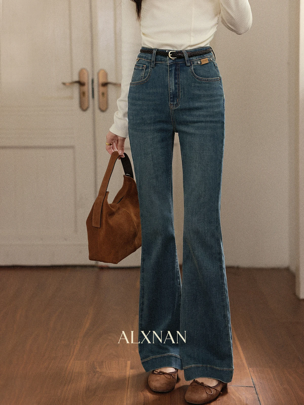 ALXNAN Schlagjeans für Damen, blau, Vintage, hohe Taille, weites Bein, Baumwoll-Denim-Hose, 2025, Herbst, elegant, lässig, Baggy-Hose, L56918