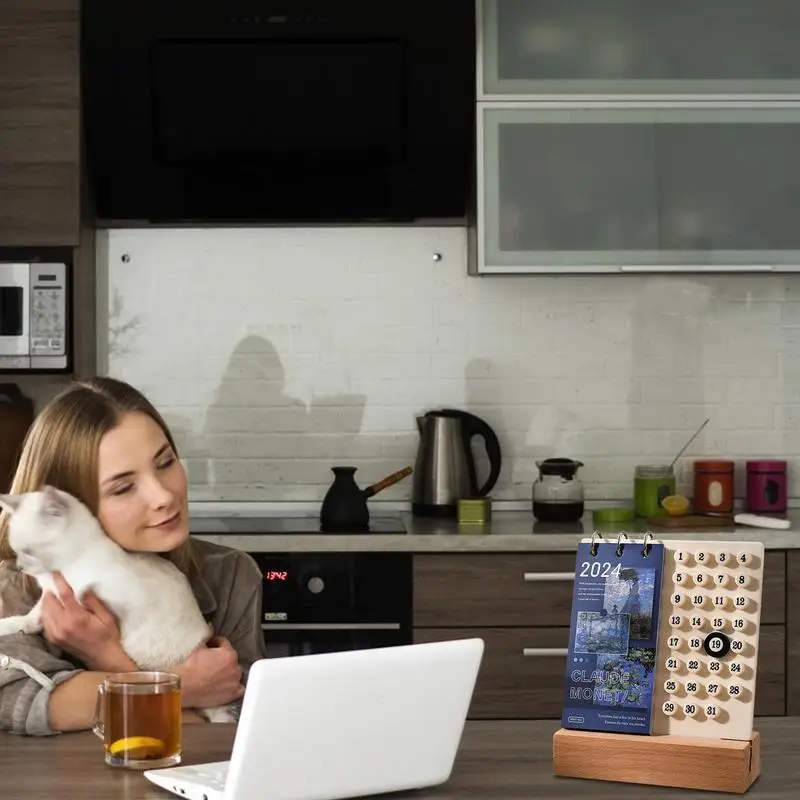 永久二輪カレンダー、月1日ディスプレイ付きの再利用可能な木製ロータリー年間カレンダー